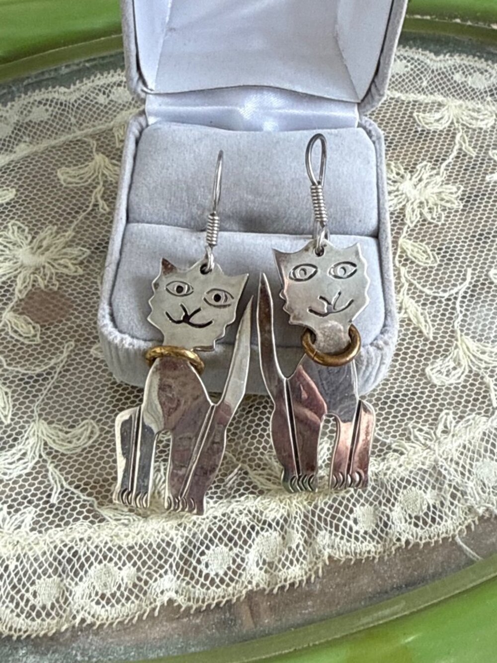 VIntage 90s Mexico 925 Dangle Cat Kitty Earrings W/Brass Collar 14 g 1.5" Long